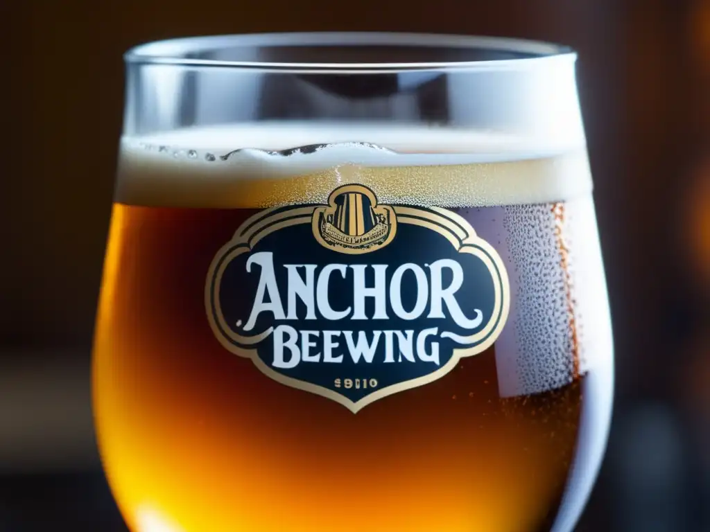 Cerveza artesanal icónica de Anchor Brewing Cerveza Steam Beer de Anchor Brewing, color ámbar y burbujas efervescentes