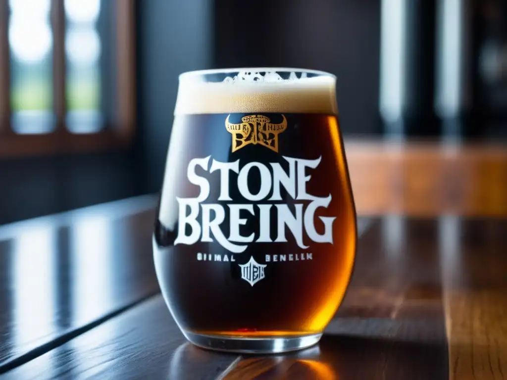 Cerveza Stone Brewing: color ámbar profundo y espuma blanca Cerveza Stone Brewing de color ámbar con espuma blanca y condensación en un vaso de vidrio en una mesa de madera - Greg Koch