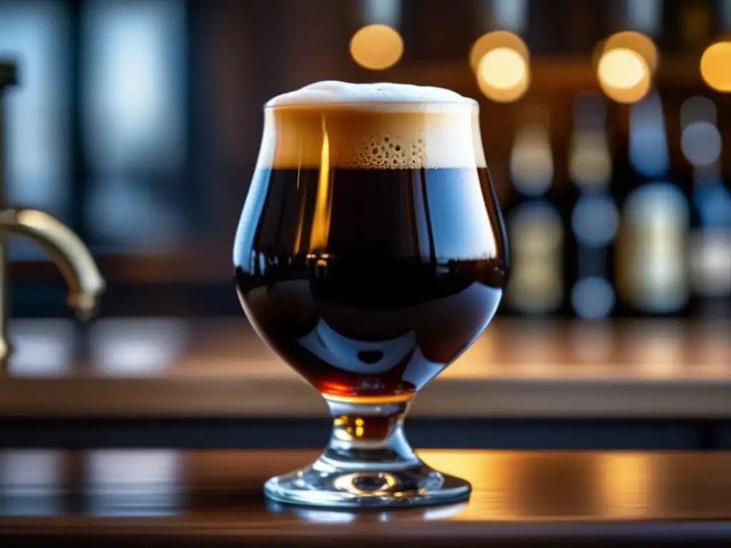 Cerveza stout en vaso con detalles Imagen de una cerveza stout casera con espuma cremosa, burbujas y lúpulo, sobre una mesa de madera con granos de café y cacao
