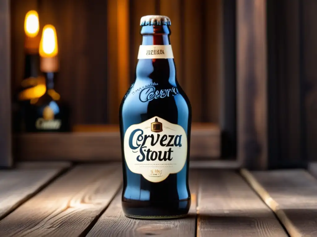 Botella de cerveza stout casera en mesa de madera Botella de cerveza stout casera en mesa de madera rústica, con etiqueta de caligrafía elegante, líquido oscuro y burbujas en el vidrio