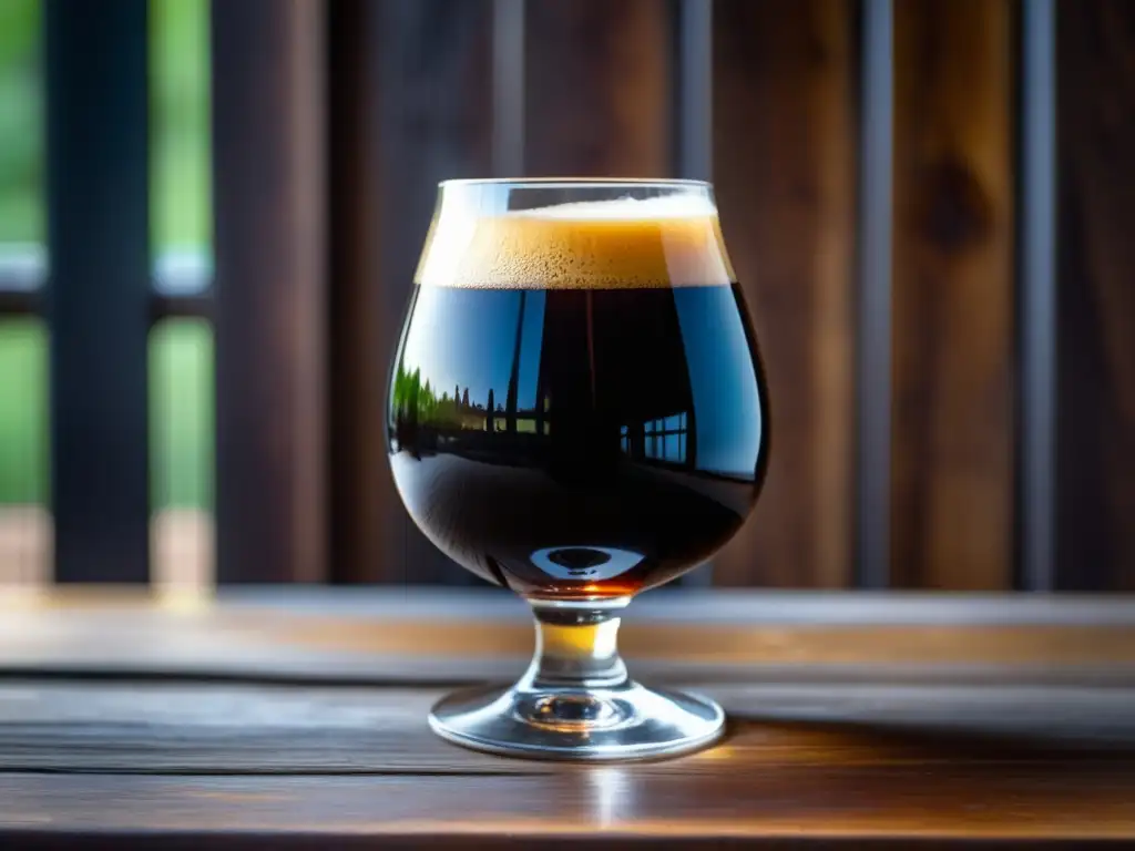 Cerveza Kentucky Breakfast Stout en vaso snifter Imagen detallada de una copa de brandy llena de una rica y oscura cerveza Kentucky Breakfast Stout en una mesa de madera rústica