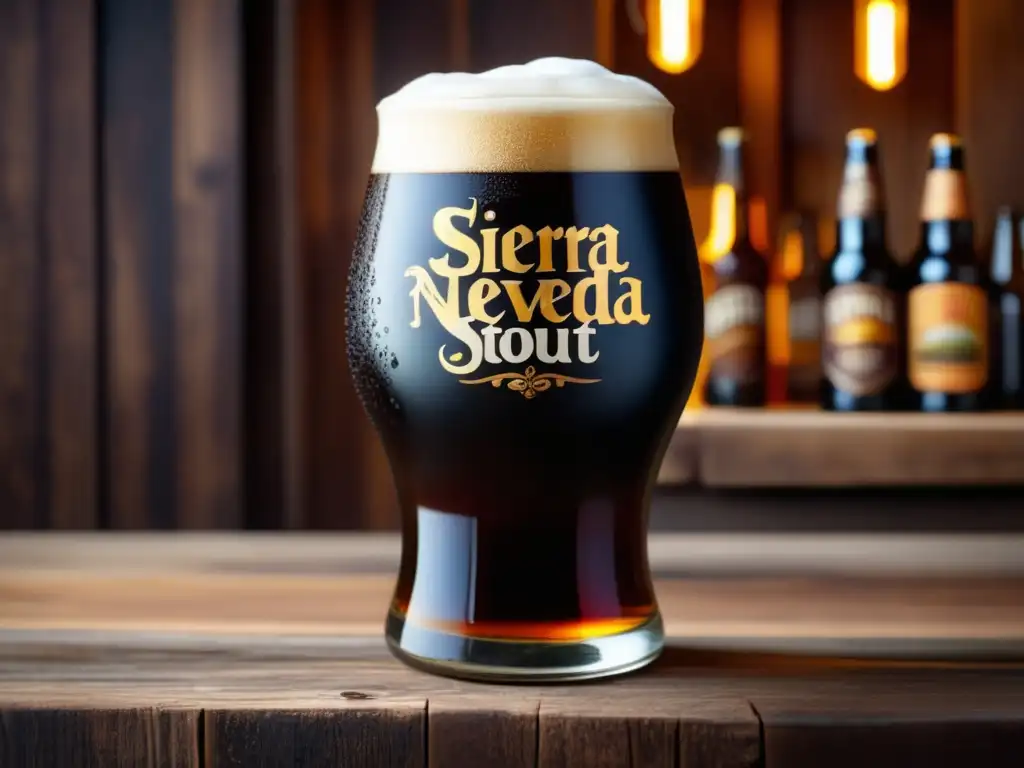 Cerveza Sierra Nevada Stout en mesa de madera Cerveza Sierra Nevada Stout: imagen 8k de vidrio lleno de espuma cremosa y cerveza negra, rodeado de ingredientes de la cerveza