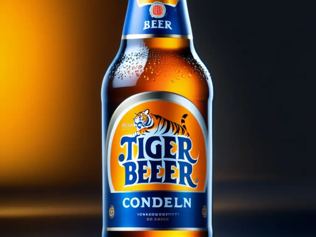 Botella de cerveza Tiger refrescante Cerveza Tiger con gotas de agua, refrescante y vibrante