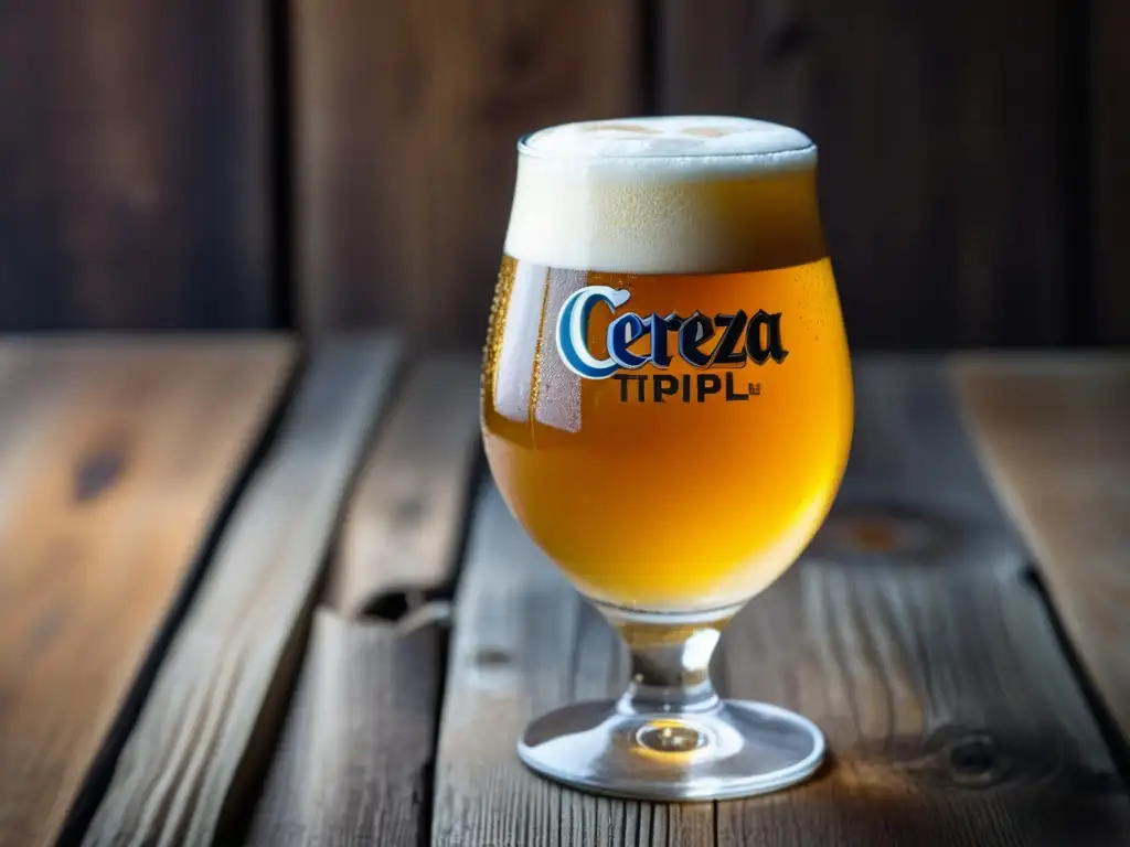 Detalles de una Cerveza Ceiba Tripel Cerveza Ceiba Tripel en vaso de cristal, detalle y ambiente rústico