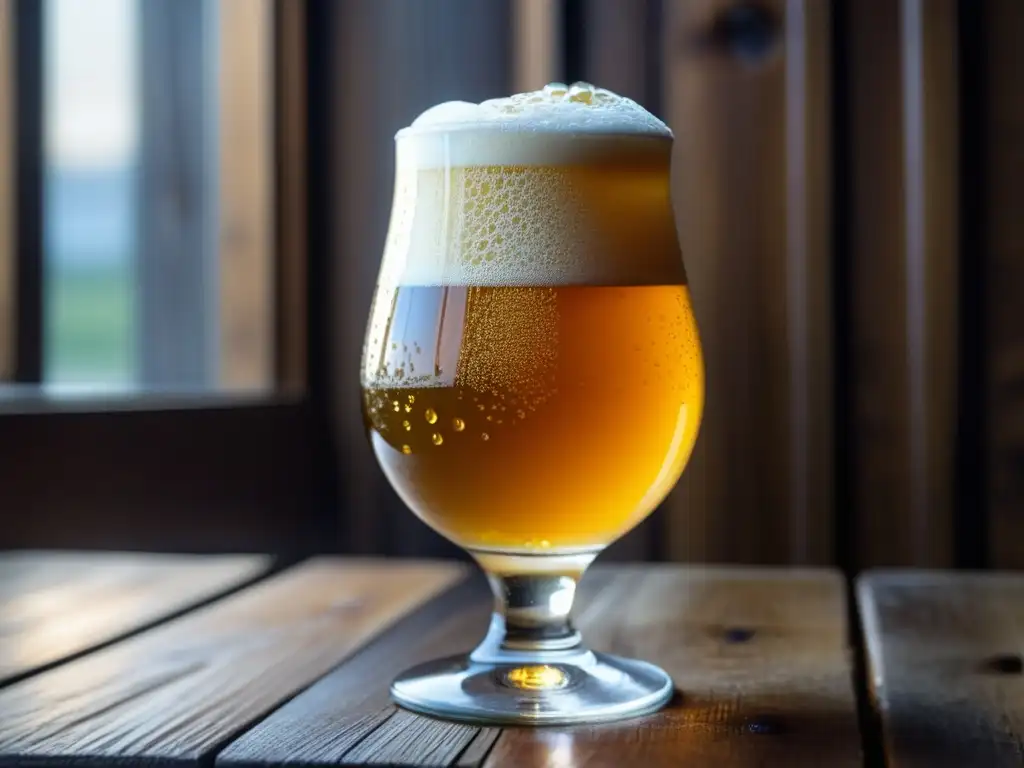 Cerveza Tripel dorada en vaso de vidrio Imagen detallada de una cerveza Tripel dorada en un vaso, en una mesa de madera rústica