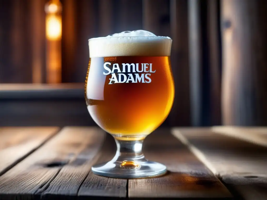 Refrescante cerveza de verano con limón y menta Cerveza de verano Samuel Adams, Golden Ale con condensación, espuma blanca, limón y menta en mesa rústica (110 caracteres)