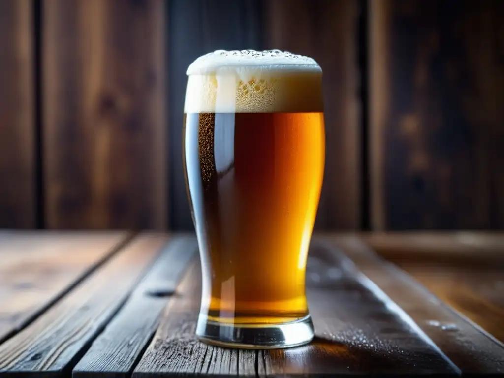 Vaso de cerveza ámbar con cabeza cremosa en mesa de madera rústica - Maridajes básicos