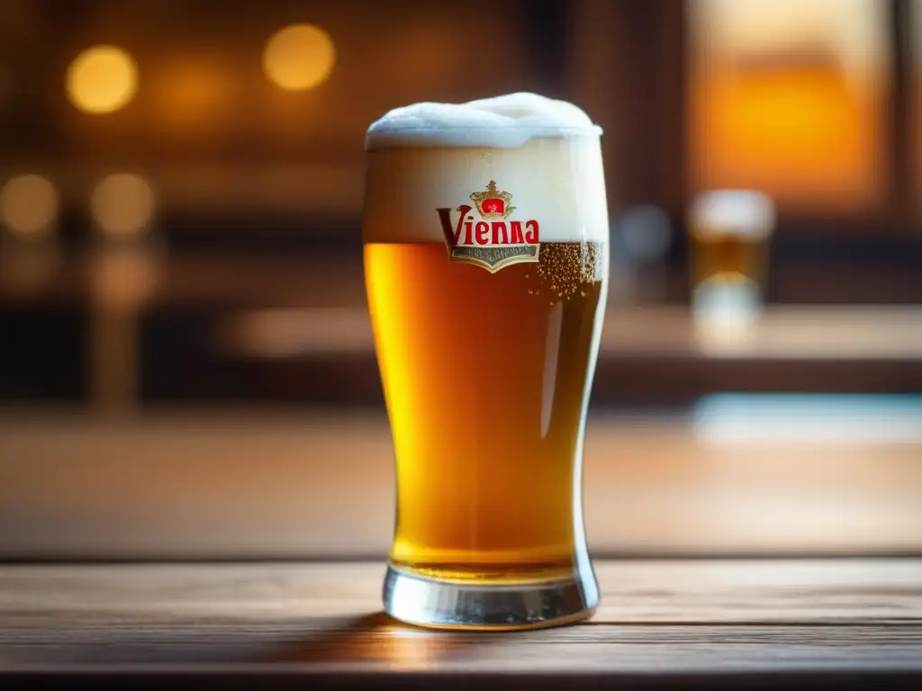Cerveza dorada en vaso de madera Un vaso de cerveza Vienna Lager en una mesa de madera