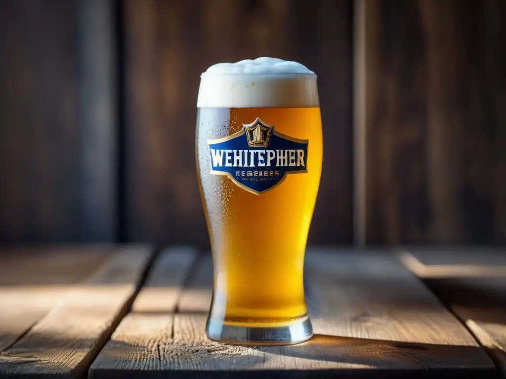 Cerveza de trigo Weihenstephaner Hefeweissbier en vaso con limón y ambiente natural