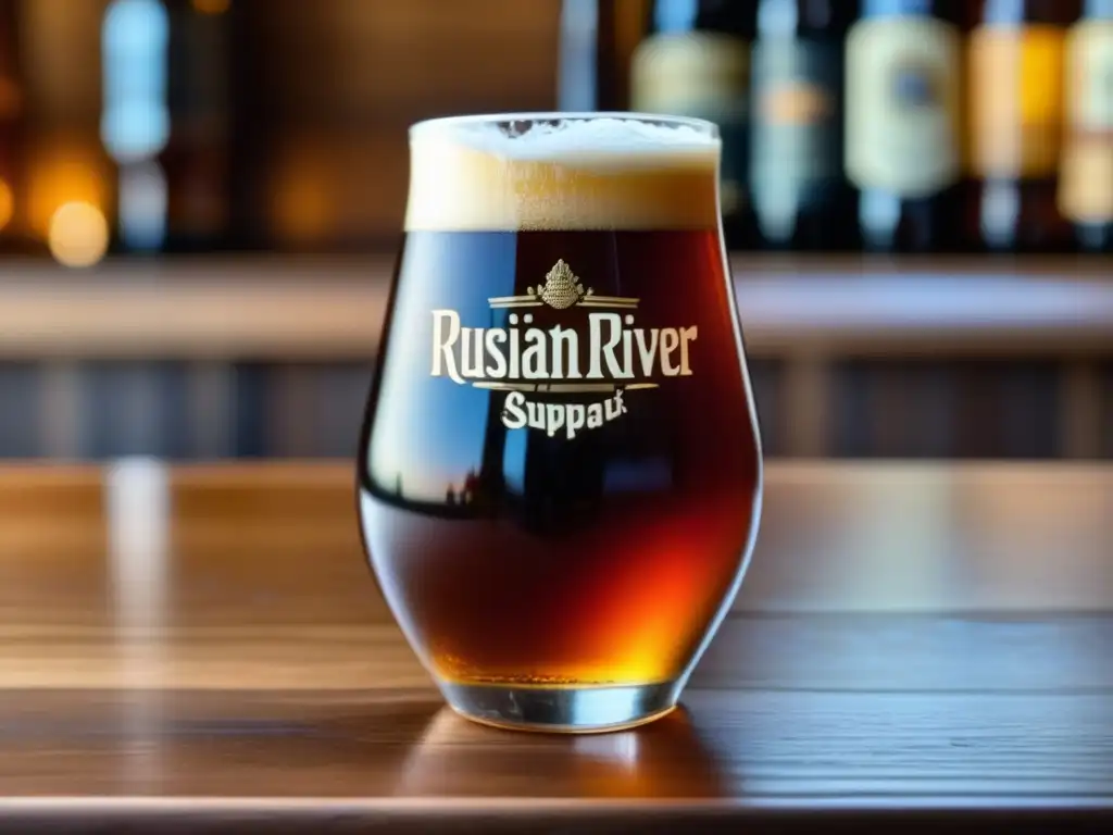Cerveza artesanal ámbar en copa de vidrio Cerveza American Wild Ale en vaso de vidrio, con líquido ambarino y burbujas, resaltando artesanía