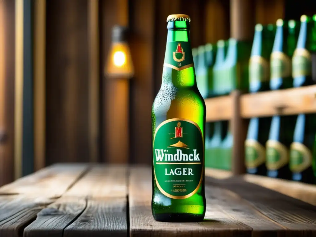 Botella de Windhoek Lager, refrescante y elegante, con etiqueta verde y tapa dorada, en una mesa de madera rústica