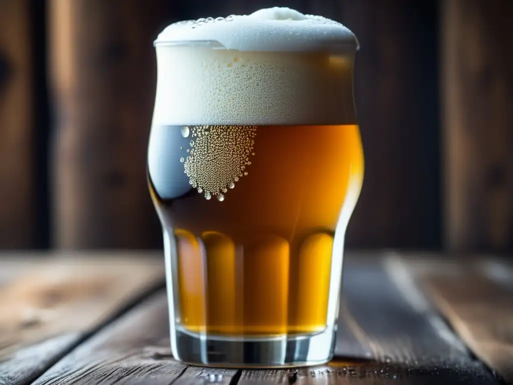 Cerveza Windhoek Lager dorada con espuma blanca en un vaso sobre mesa de madera