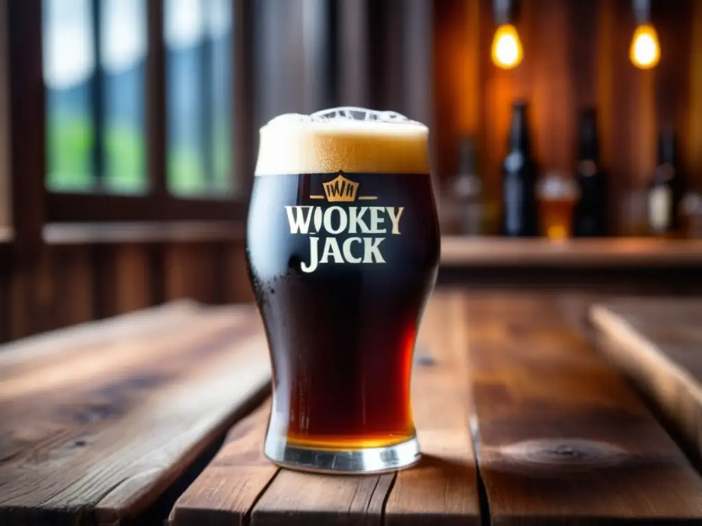 Cerveza oscura y refrescante en vidrio Vaso de Wookey Jack Black IPA en mesa de madera, con color oscuro y condensación brillante