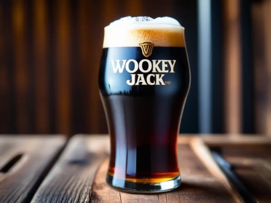 Copa de Wookey Jack, una exquisita Black IPA, en mesa de madera