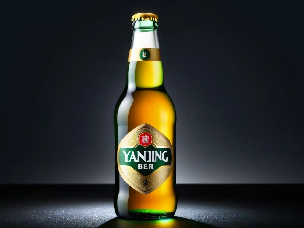 Botella de cerveza Yanjing cristalina y elegante, con condensación en su superficie y etiqueta dorada
