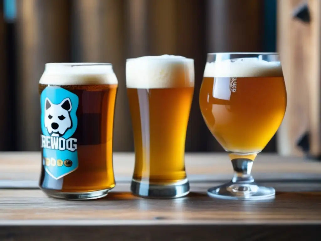 Cervezas BrewDog y Mikkeller en mesa de madera Colaboraciones internacionales: cervezas BrewDog y Mikkeller juntas en una mesa rústica, con detalles y logos grabados en las copas