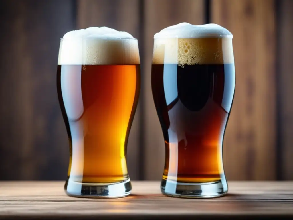 Tipos de cerveza: Imagen detallada de dos vasos, uno con una cerveza ámbar y el otro con una cerveza dorada, resaltando la diferencia entre ambos