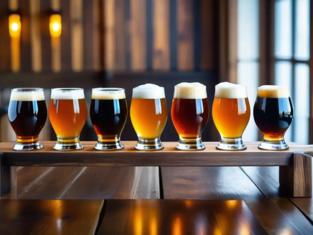 Degustación de cervezas artesanales en mesa rústica - Bares en Seattle