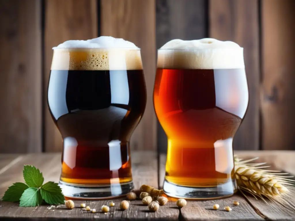 Tipos de cerveza: Ale ámbar y Lager dorada en vasos sobre mesa de madera rústica, con lúpulos y granos de cebada esparcidos