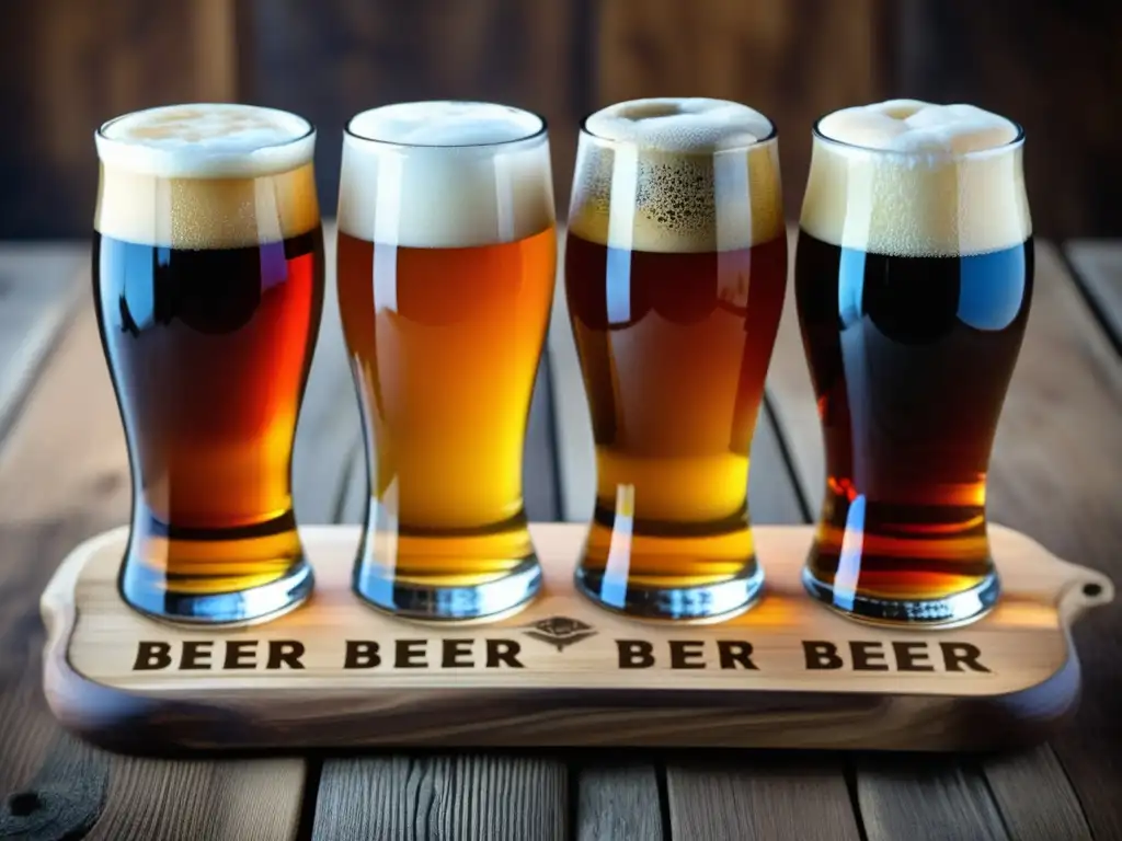 Detalle exquisito de una tabla de cervezas artesanales Delicioso vuelo de cervezas artesanales en tablero de madera rústica - Bares en Bruselas