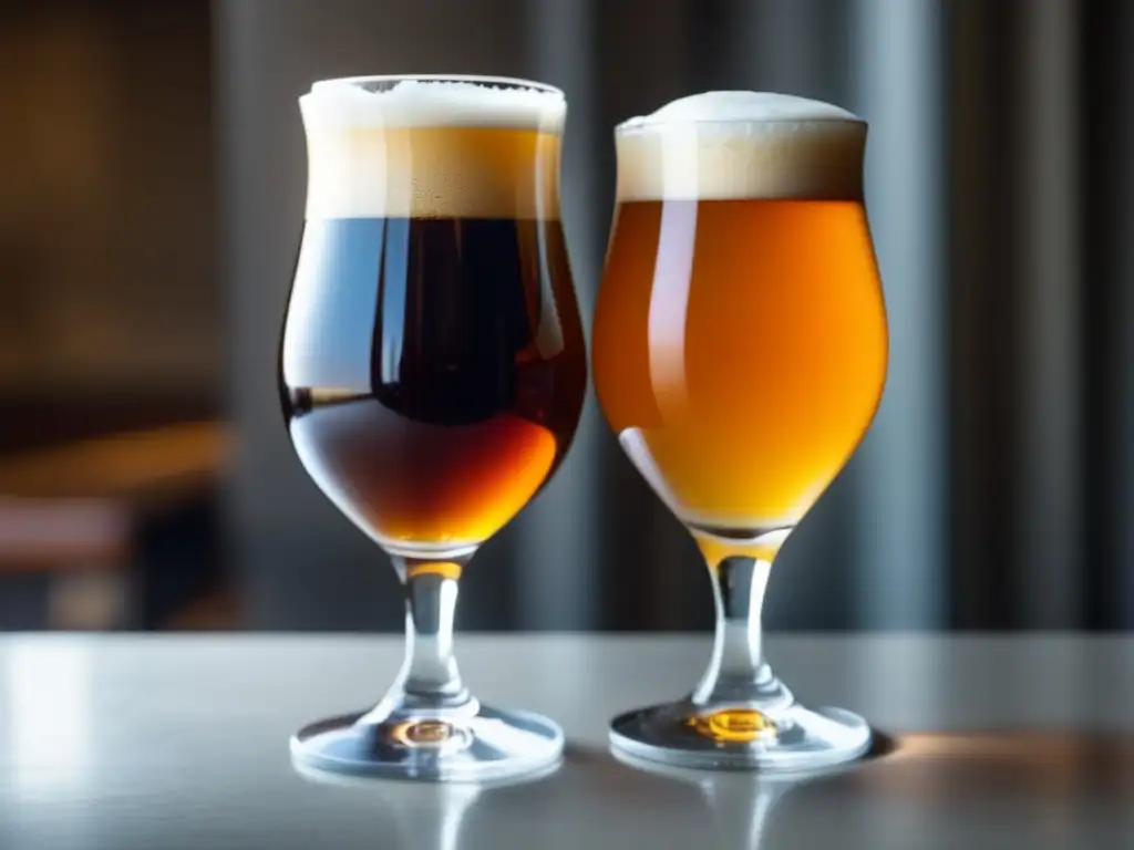 Cervezas belga y IPA en copas Cervezas Belgian Ale e IPA en copas, colores dorado y ámbar, cabeza cremosa y espumosa, detalles macro y contraste de estilos