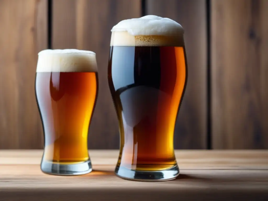 Dos tipos de cerveza: Ale ámbar y Lager dorada, en mesa de madera - Tipos de cerveza