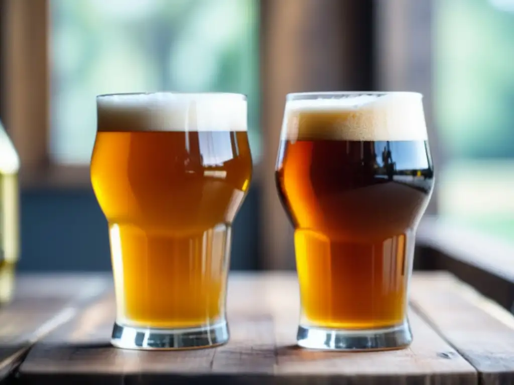 Dos cervezas: Brut IPA y IPA tradicional, en vasos sobre mesa rústica con luz natural filtrada