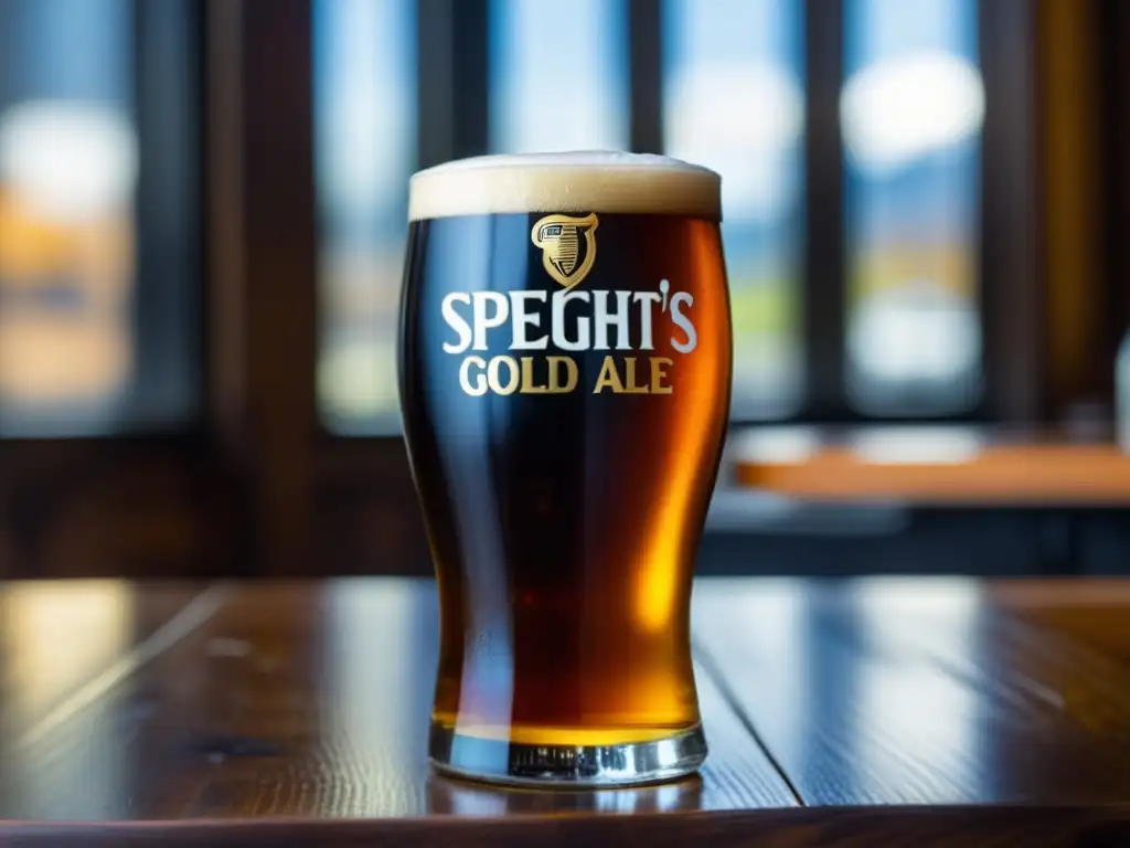 Cervezas Speight's en una mesa rustica Cervezas Speight's en vaso de vidrio en mesa de madera rústica -