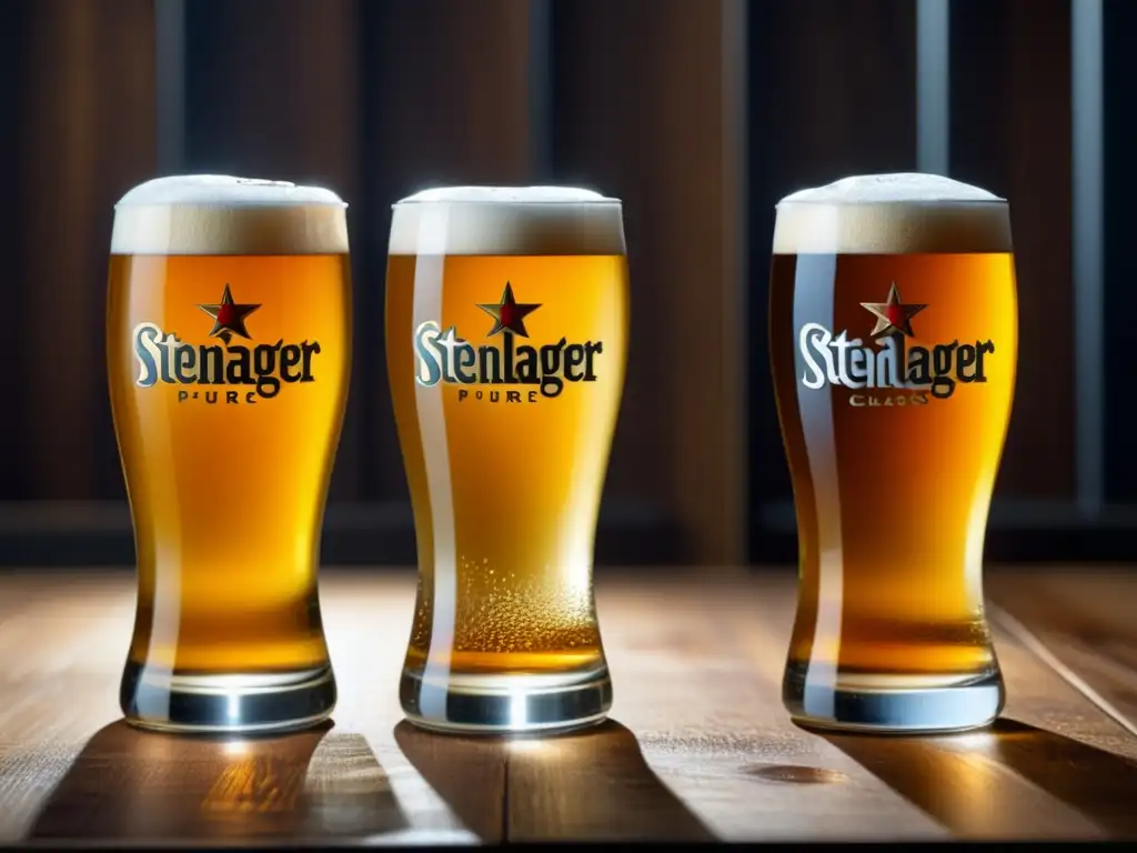 Cervezas Steinlager Pure, Classic y Tokyo Dry en vaso elegante Cervezas Steinlager: Detallada imagen de copa con Steinlager Pure, Classic y Tokyo Dry, sobre mesa de madera elegante
