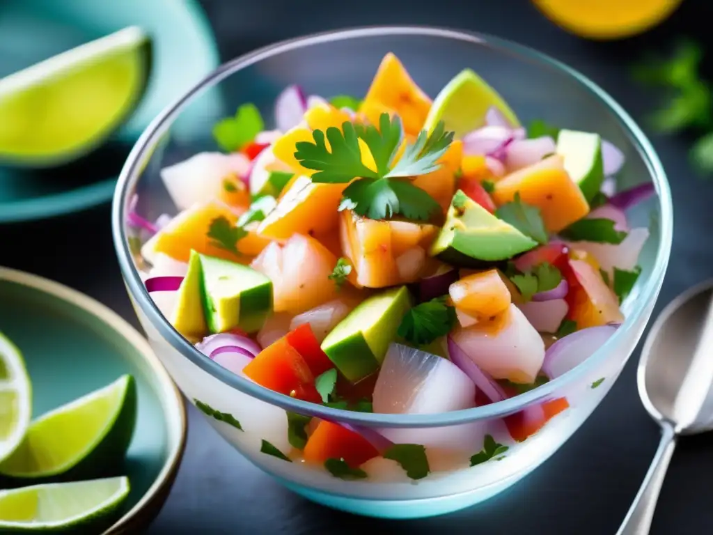 Ceviche de pescado fresco y vibrante Exquisito ceviche de pescado en cuenco de cristal, con pescado fresco, cebolla roja, cilantro, tomate, aguacate y Gueuze