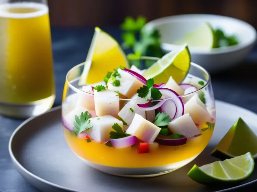 Delicioso ceviche y cerveza dorada Exquisito ceviche de pescado blanco marinado en cítricos, con cebolla roja, cilantro y limón