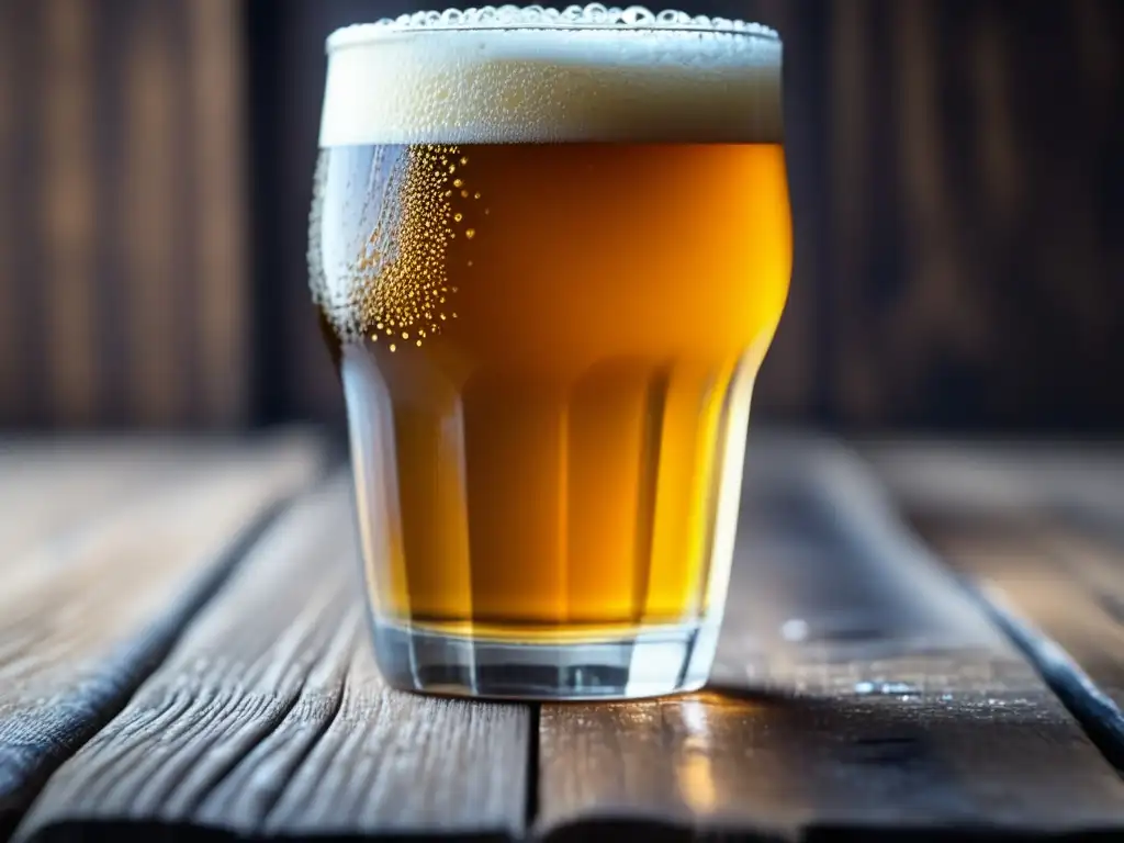 Cerveza Chang: Delicado brillo dorado Cerveza Chang de Tibet en vaso dorado con burbujas y condensación en mesa de madera rústica