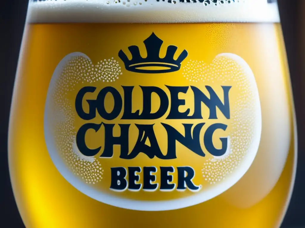 Cerveza Chang dorada con burbujas, espuma blanca y textura fascinante
