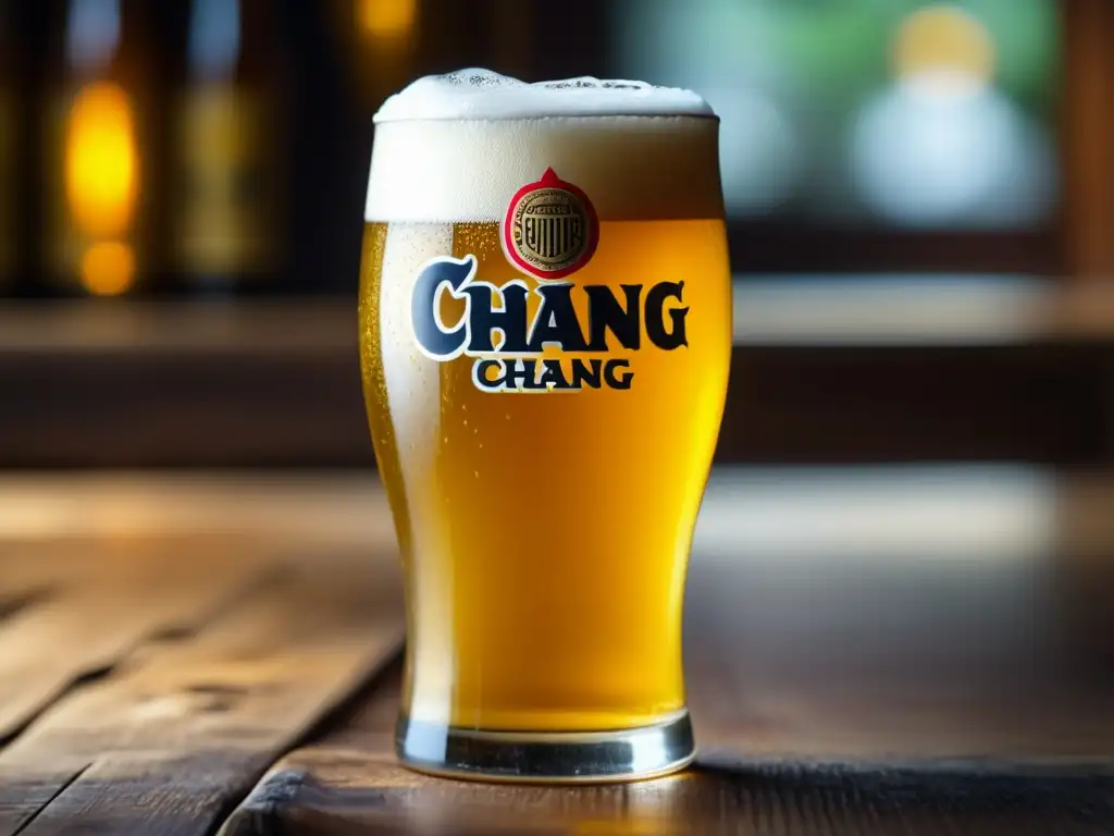 Chang beer en vaso de cristal, refrescante y sofisticada, con burbujas y condensación, en mesa de madera