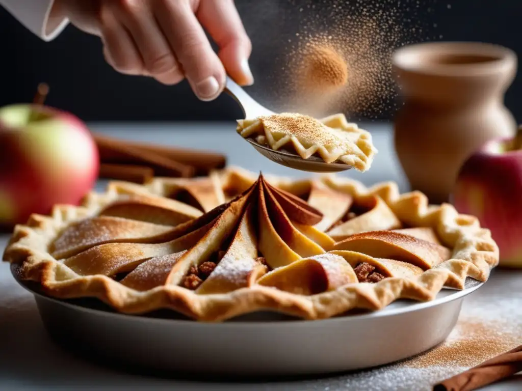 Mano del chef espolvoreando canela Chef espolvoreando canela en un pastel de manzana recién horneado - Técnicas de Adjunción