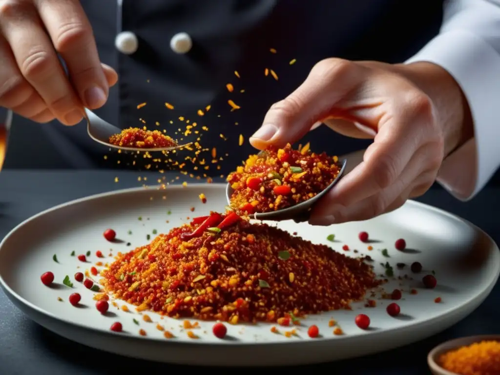 Chef experto agrega chiles rojos a plato Chef añadiendo chili a plato - Técnicas de Adjunción en la cocina