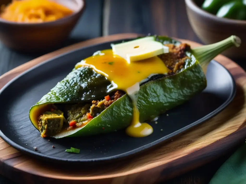 Chile relleno perfectamente cocinado en plato de madera Un delicioso chile relleno perfectamente cocinado en plato de madera rustico