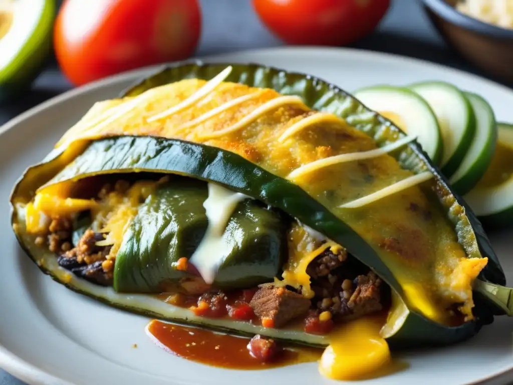 Delicioso chile relleno y cerveza Un delicioso chile relleno dorado con queso, carne y vegetales, acompañado de una cerveza Dunkel oscuro y brillante