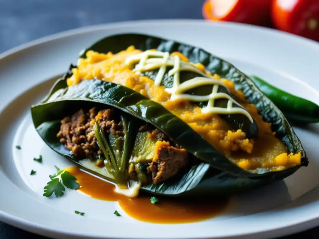 Chiles Rellenos rellenos con detalle Un delicioso Chiles Rellenos con relleno abundante y colores vibrantes en un fondo oscuro - Dunkel