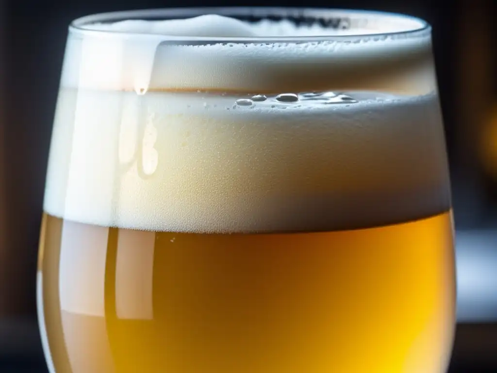 Cerveza IPA dorada y refrescante con espuma cremosa Lanzamientos de cervezas: Copa llena de IPA dorada con espuma blanca cremosa y burbujas, condensación refrescante, aromas tropicales
