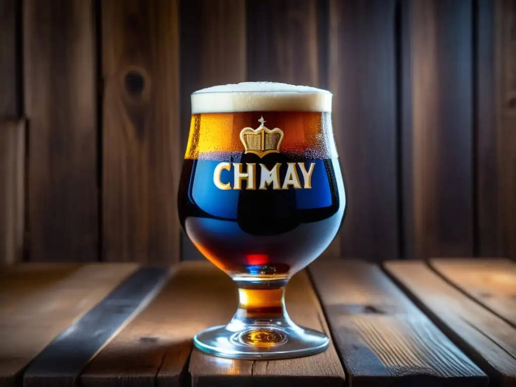 Cerveza Chimay Blue en copa de vidrio Cerveza Chimay Azul belga en vaso con detalles y notas de color ámbar, cremosa espuma y toques de cebada y lúpulo