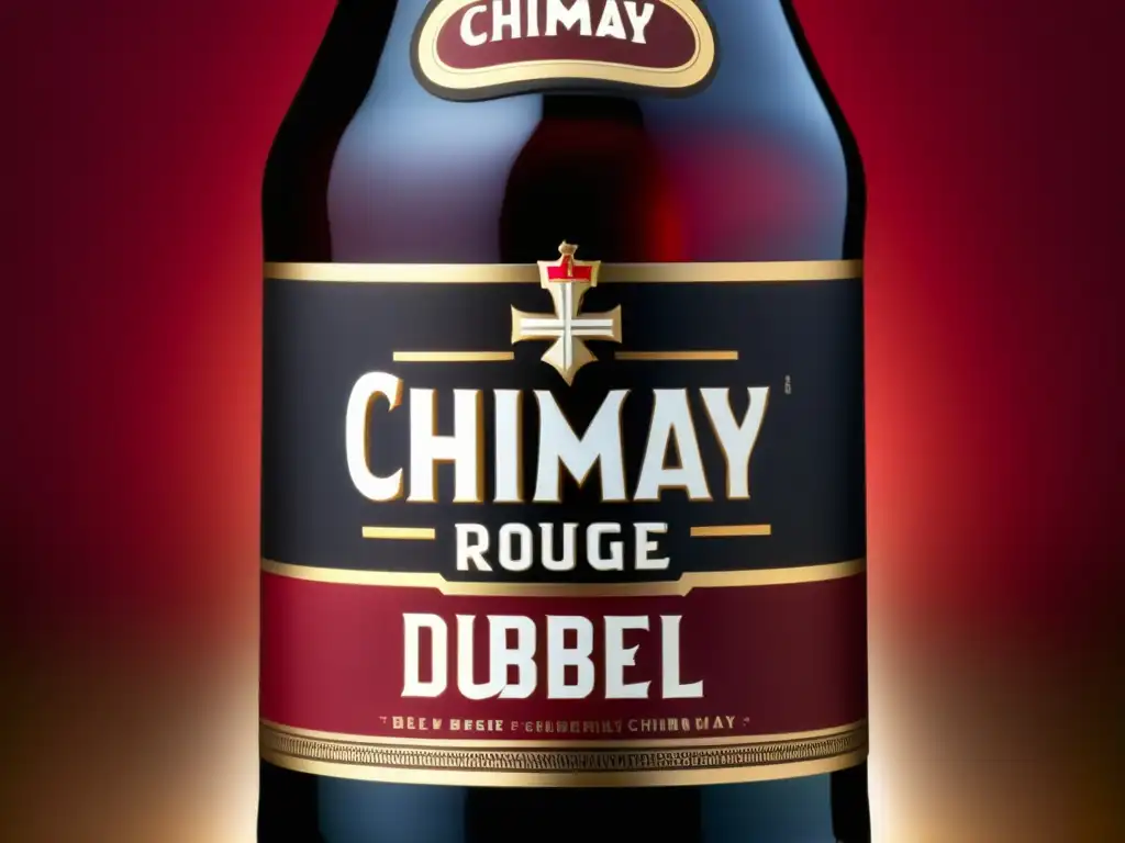 Chimay Rouge: Tradición y sabor Botella de cerveza Chimay Rouge Abbey Dubbel, destacando detalles de la etiqueta y el logo icónico