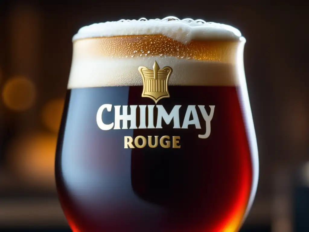 Cerveza Chimay Rouge en vaso de vidrio Cerveza Chimay Rouge Abbey Dubbel: detalle en vidrio, color ámbar, burbujas y mesa rústica