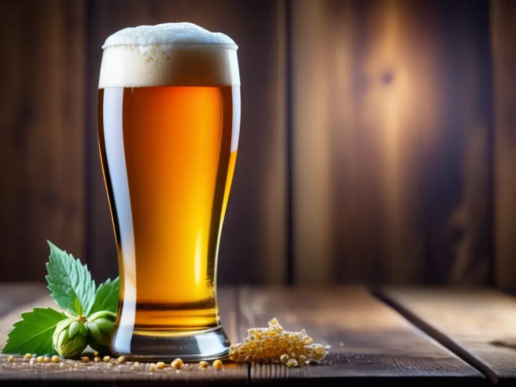 Olfato y degustación: closeup de una cerveza dorada con burbujas en una mesa de madera rodeada de ingredientes aromáticos