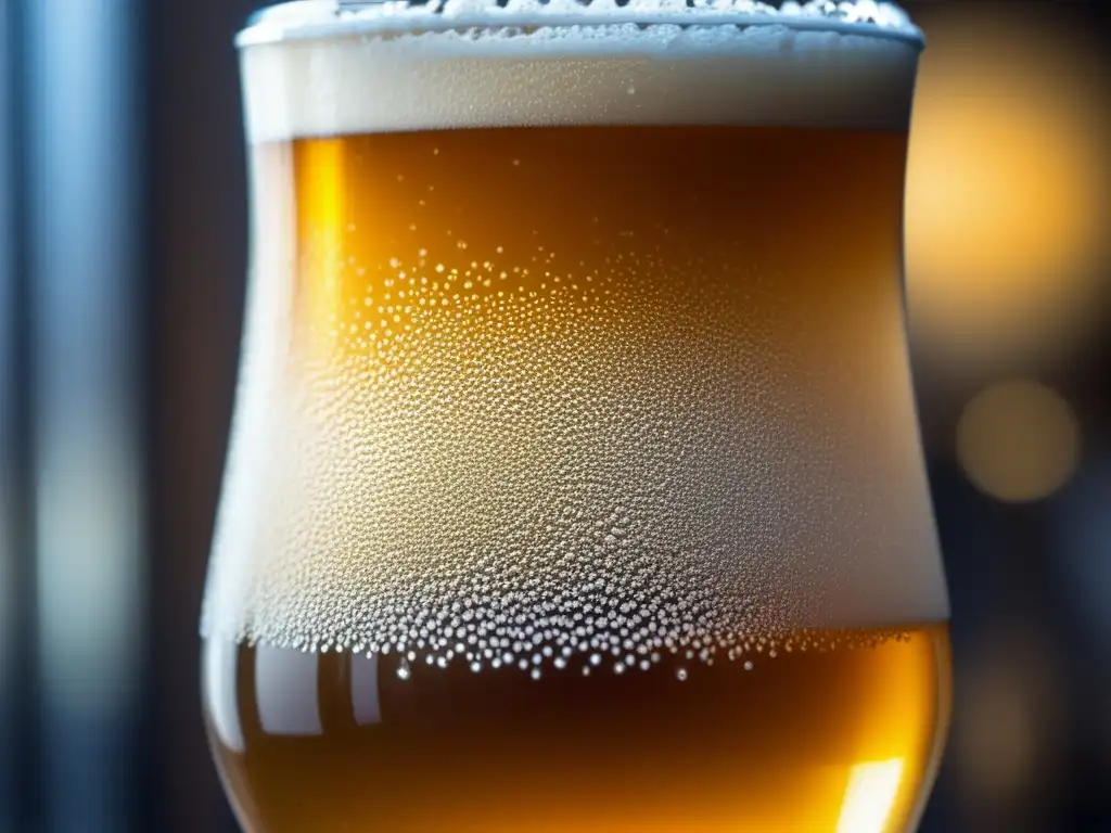 Cerveza Blonde Ale con burbujas y condensación en vaso, resalta elegancia y detalle