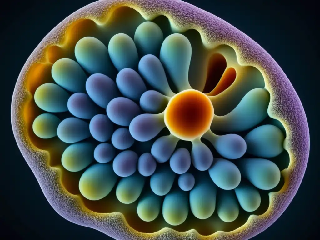 Microscopía de levaduras: estructuras intricadas y vibrantes La Biología de la Levadura: delicada imagen de células de levadura magnificadas, resaltando su forma ovalada y estructura intricada