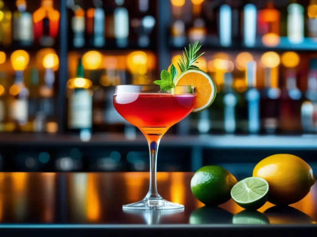 Cocktail en vaso de cristal con colores vibrantes, adornado con hierbas y frutas exóticas, en bar elegante con selección de licores