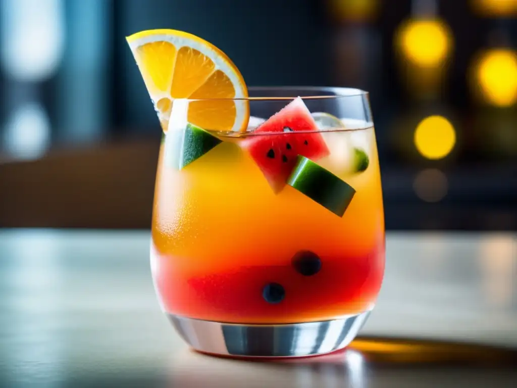 Refrescante cóctel de soju y cerveza con frutas Un cóctel refrescante de soju y cerveza, decorado con frutas frescas y vibrantes colores, evoca la ruta por Corea del Sur
