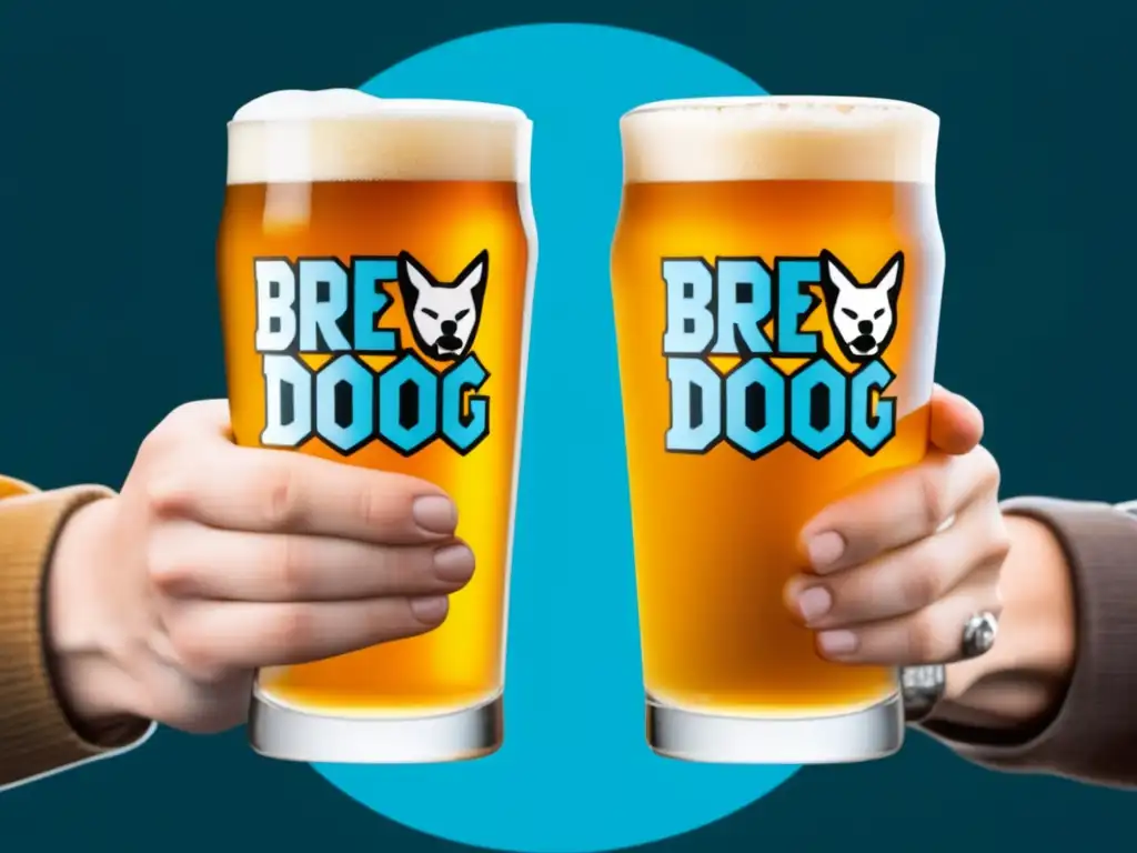 Ultradetalle de colaboración BrewDog y Mikkeller Colaboraciones internacionales: Detalle de las manos sosteniendo cervezas de BrewDog y Mikkeller, resaltando logos, diseño y color dorado