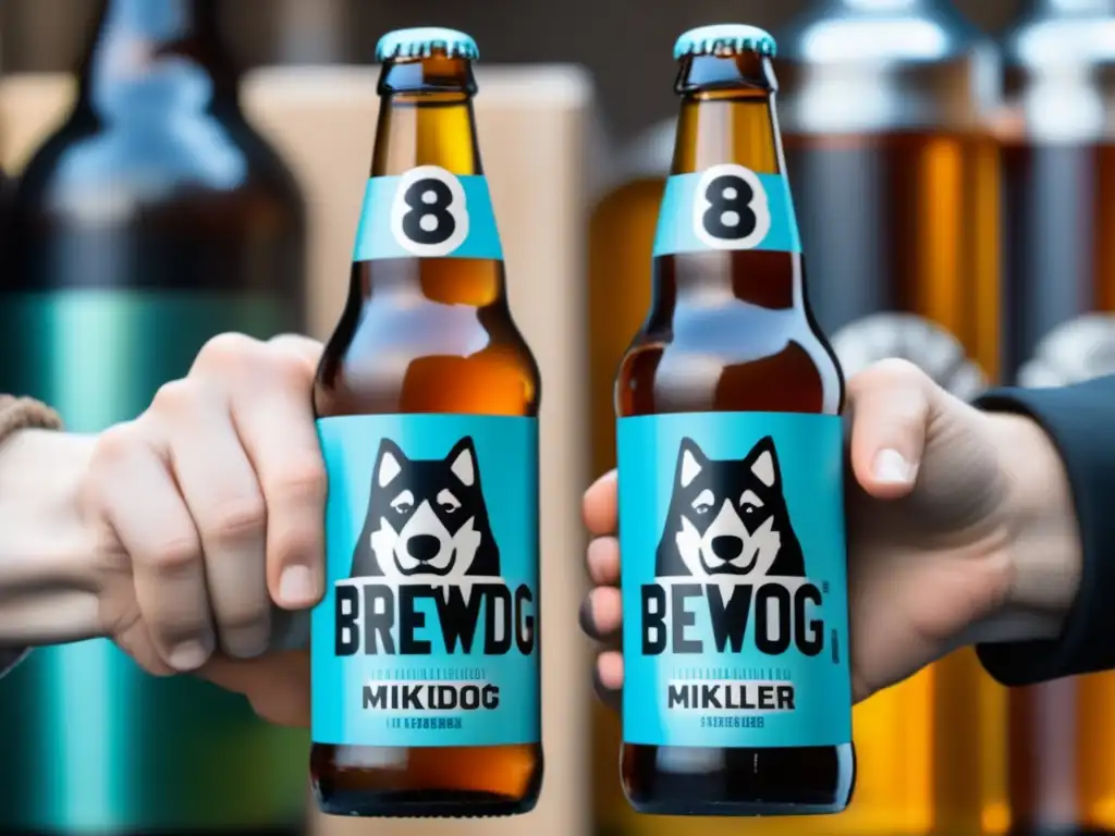 Colaboración cervecera: BrewDog y Mikkeller Colaboraciones internacionales: Detalle de manos sosteniendo botellas de cerveza de BrewDog y Mikkeller, simbolizando la colaboración entre ambos